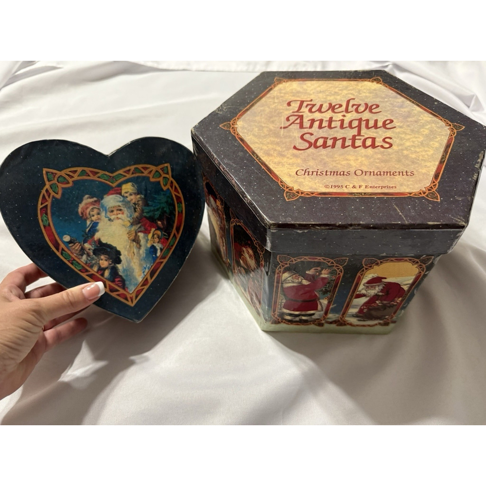 2 Vintage 1995 C&F Twelve Antique Santas + Heart Paper Mache Decoupage Ornament